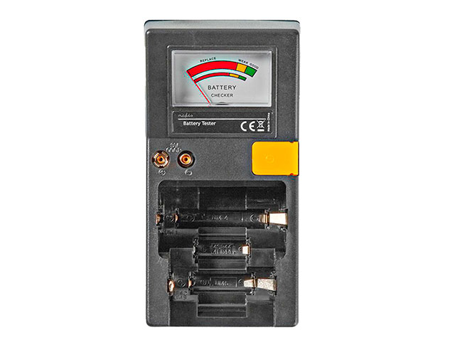 Tabletop battery tester, well test button cells.