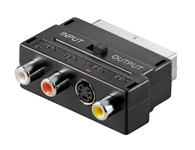 SCART plug to 3 RCA sockets (audio / video) + S-VHS + switch