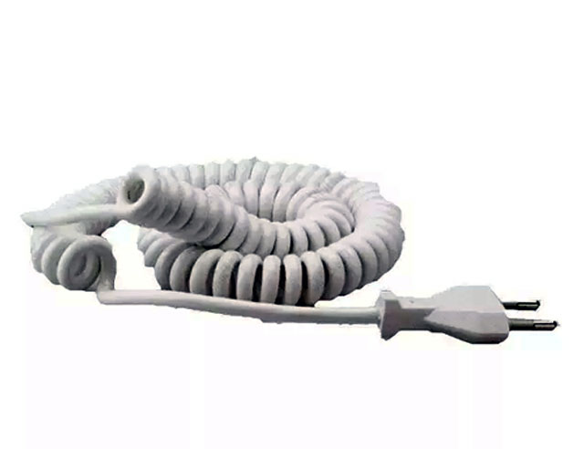 Netsnoer gekrult 2x0.75 wit +/-2mtr platte stekker 220V