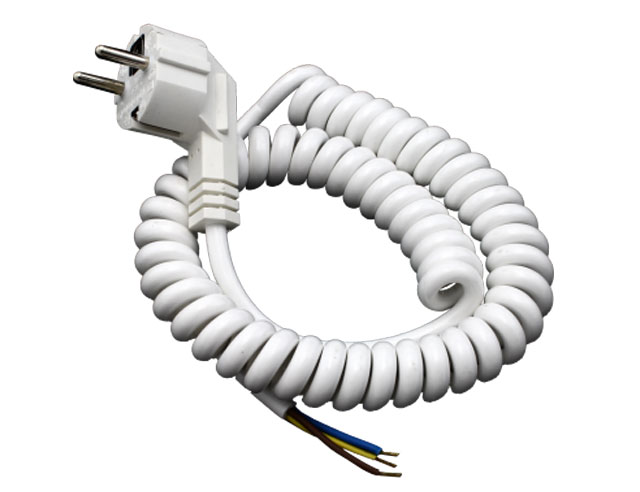 Netsnoer gekrult 3x1 wit +/-2mtr met stekker 220V