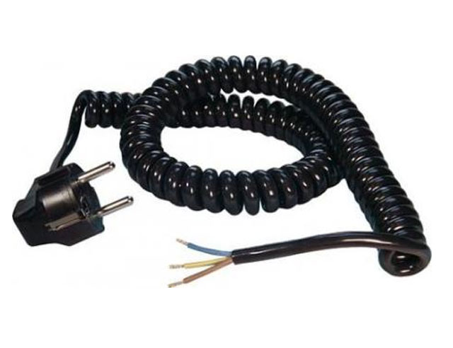 Netsnoer gekrult 3x1 zwart +/-2mtr met stekker 220V