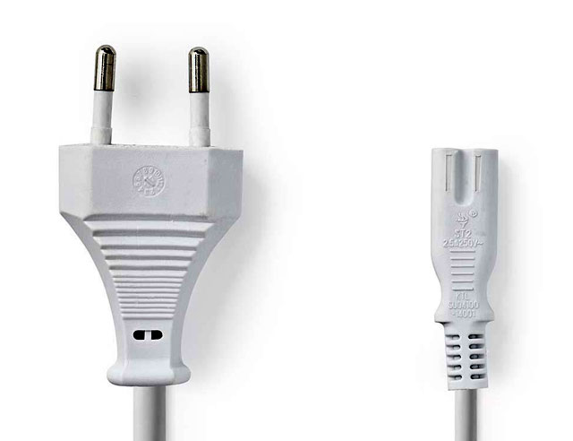 Wit netsnoer met de bekende 8-vormige steker 2mtr lang