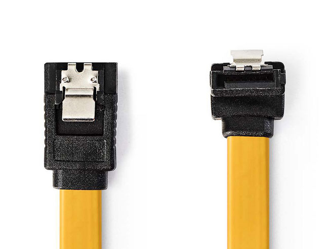 S-ATA 6Gb data cable with metal clips and right angle connector.