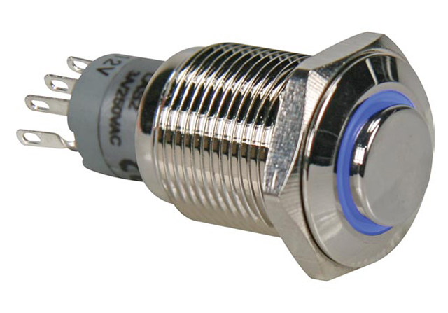 Drukschakelaar rond Metaal 1xNC/1xNO, 12V blauwe ring