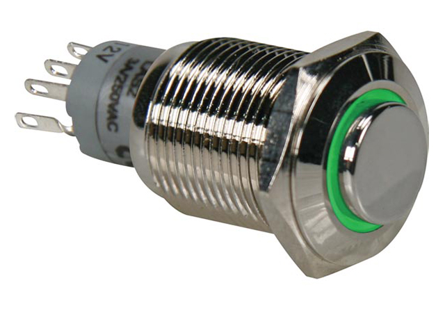 Drukschakelaar rond Metaal 1xNC/1xNO, 12V groene ring