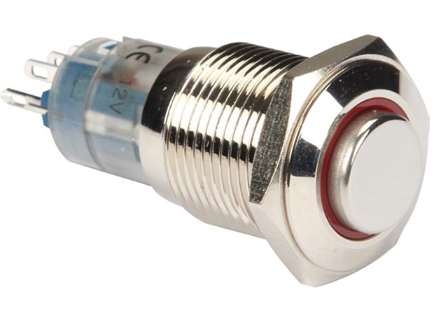 Drukschakelaar rond Metaal 1xNC/1xNO, 12V rode ring