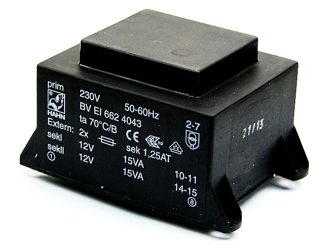Printtrafo EI66 30VA/230V  2x15V/2x1000mA BV EI 662 1095