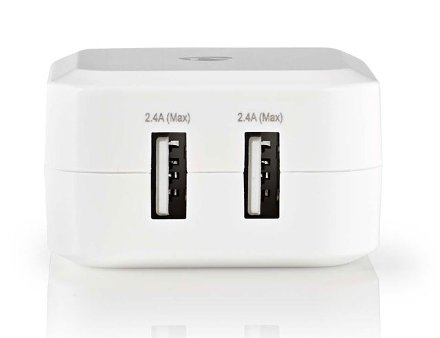 USB home charger with four USB ports. Total 4.8Amp output White